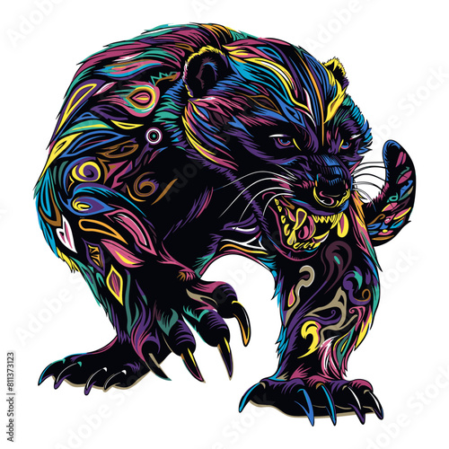 Wolverine in mid-action, with vibrant, swirling colours. Psychedelic artwork of against white background 