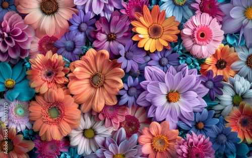 A vibrant mosaic of multicolored daisies  chrysanthemums  and dahlias.