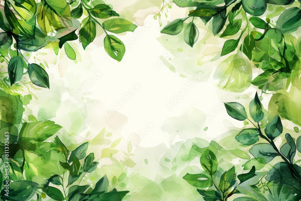 watercolor frame of green leaves on a white background in the center, for spring and summer designs, concept background greeting cards for weddings, birthdays, invitations. Flat lay, copy space watercolor frame of green leaves on a white background in the center, for spring and summer designs, concept background greeting cards for weddings, birthdays, invitations. Flat lay, copy space