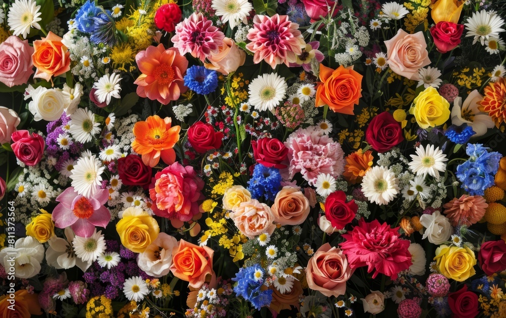 A vibrant tapestry of mixed, colorful, fresh flowers in full bloom.
