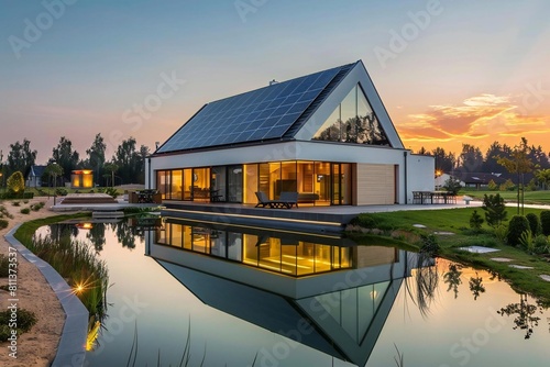 Green Living: Beautiful Modern Home with Solar Panels Reflecting the Sunset