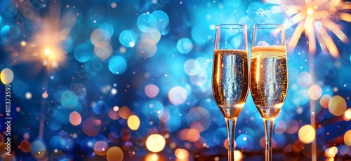 New Year's Eve toast, glass of champagne clinking with fireworks in the background on blue bokeh background Generative AI