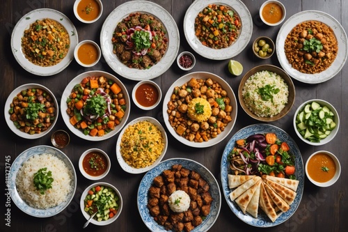 Arabic Cuisine: Middle Eastern traditional lunch. It.s also Ramadan Iftar . The Meal eaten by Muslims after sunset during Ramadan. Assorted of Egyptian oriental dishes. Top view with copy space.
