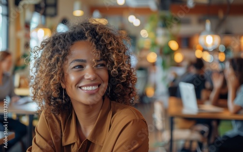 A woman with curly hair smiling at a busy co-working environment.