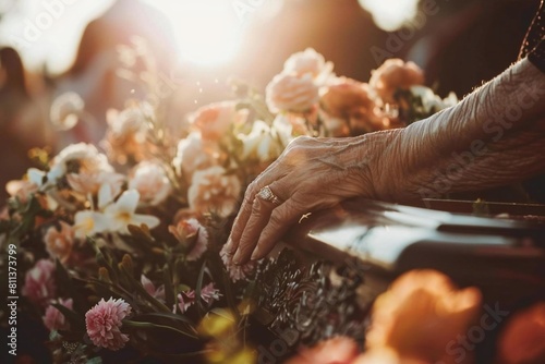 Heartfelt Farewell: Woman's Hand Resting on Coffin at Outdoor Funeral photo