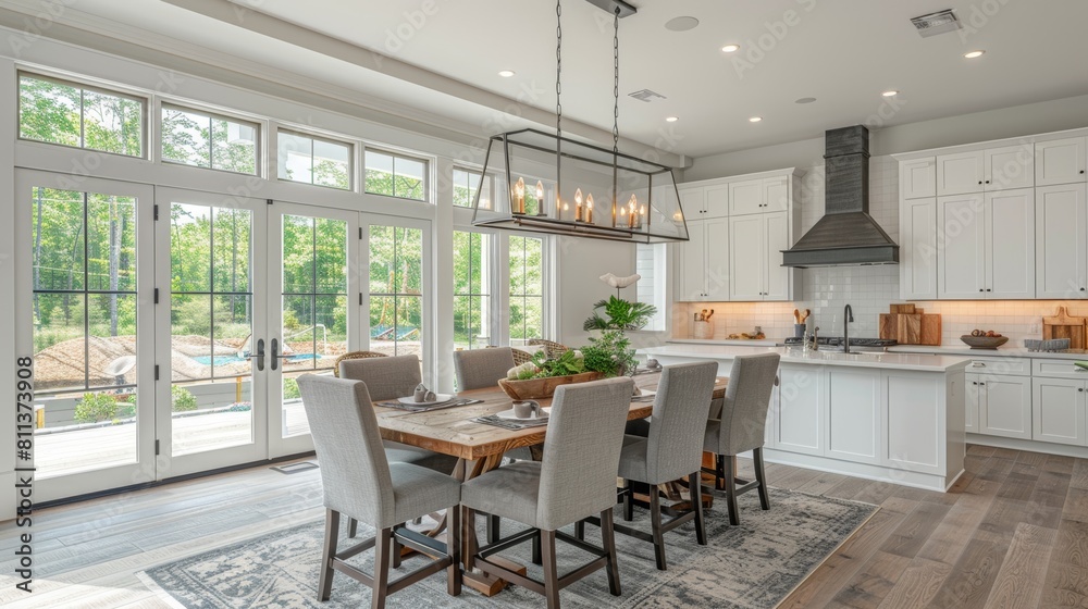 modern dining space, in a modern and inviting kitchen, a white dining table is paired with grey chairs, ideal for family gatherings in a bright setting modern dining space, in a modern and inviting kitchen, a white dining table is paired with grey chairs, ideal for family gatherings in a bright setting