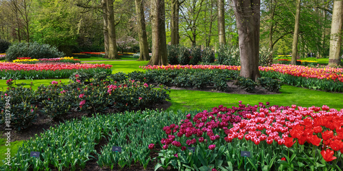 Panoramic view of scenic Keukenhof gardens in Lisse  Netherlands