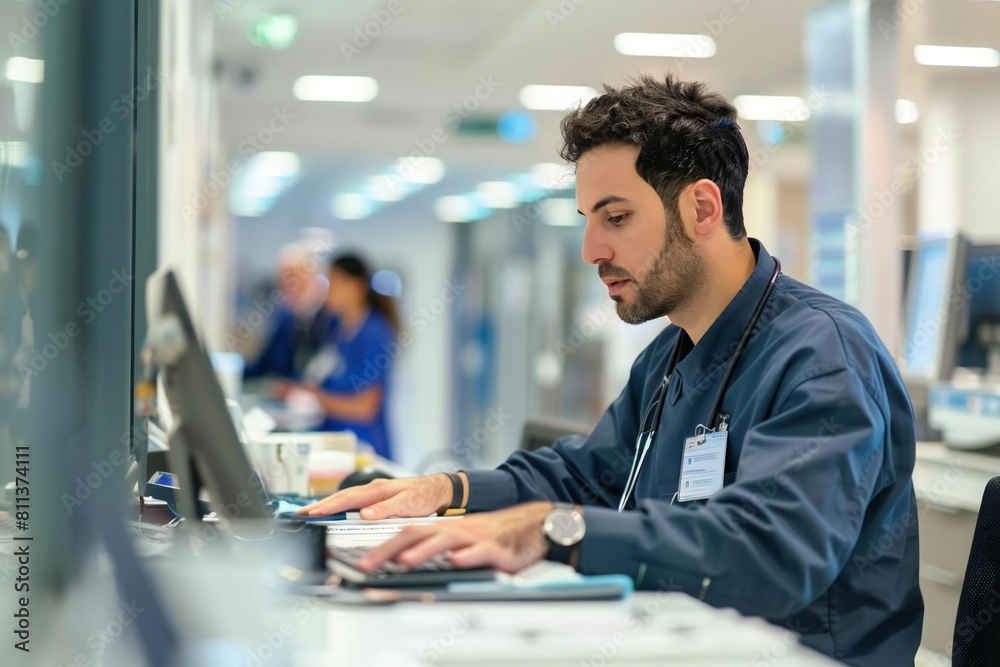 Busy healthcare professional checking appointment schedule at clinic desk Busy healthcare professional checking appointment schedule at clinic desk