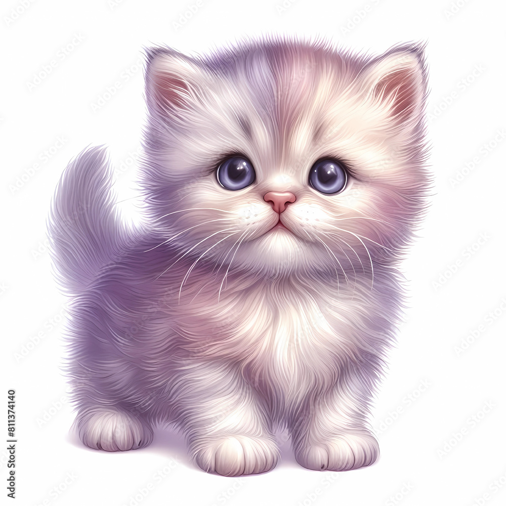 Cute realistic kitten drawn in watercolor style on white background, pastel colors, purple and beige tones,hand drawn style, detailed, illustration