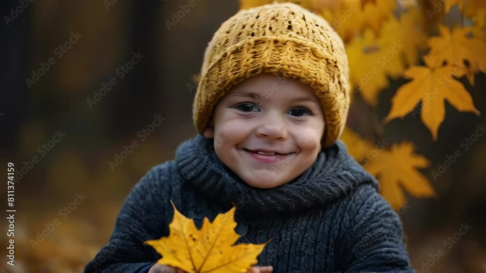 Autumn mood. A boy holds yellow maple leaves in his hands. Autumn portrait of a child in a knitted hat Autumn mood. A boy holds yellow maple leaves in his hands. Autumn portrait of a child in a knitted hat