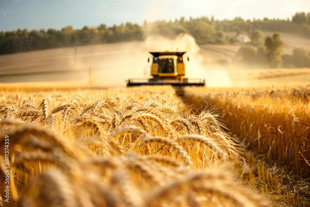 Fototapeta premium Golden Fields: Bountiful Wheat Harvest with Combine Harvester in Background
