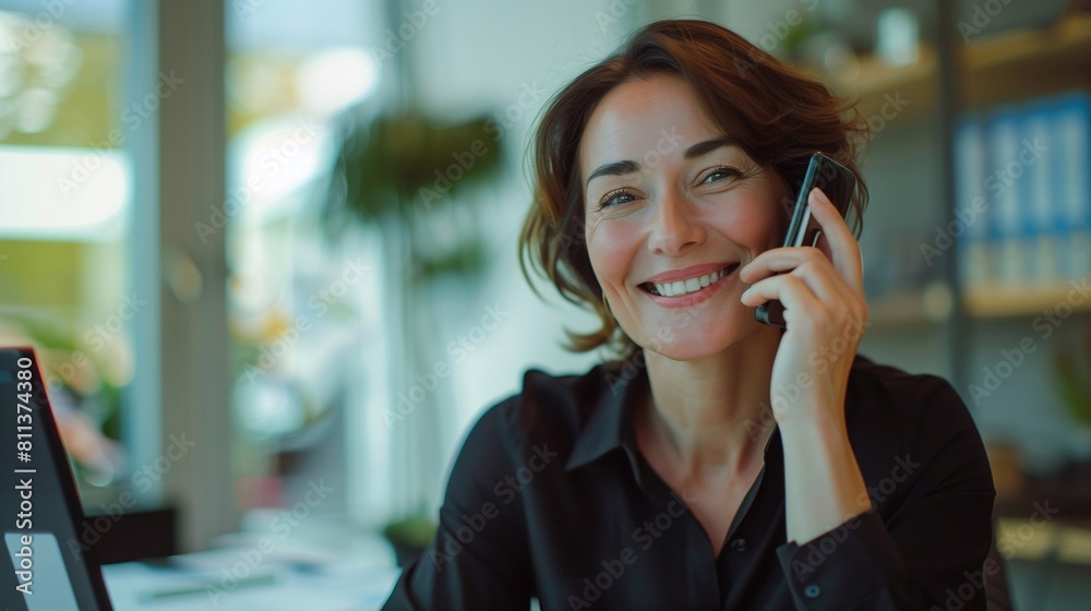 A smiling 30s businesswoman in her office is on the cellphone, sitting at a desk. she's happy to talk about something over a conference call. generative AI A smiling 30s businesswoman in her office is on the cellphone, sitting at a desk. she's happy to talk about something over a conference call. generative AI