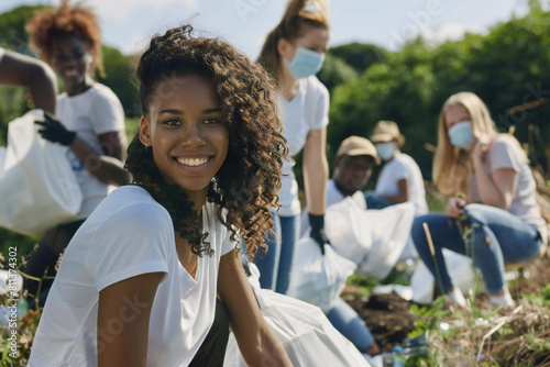 - Community Cleanup: Diverse group of volunteers working together to clean up nature park- Dedicated volunteers making a difference by cleaning up trash in local park- Taking action photo