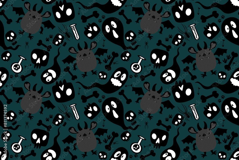 Halloween cartoon monsters seamless ghost and bones and poison pattern for wrapping paper and fabrics Halloween cartoon monsters seamless ghost and bones and poison pattern for wrapping paper and fabrics