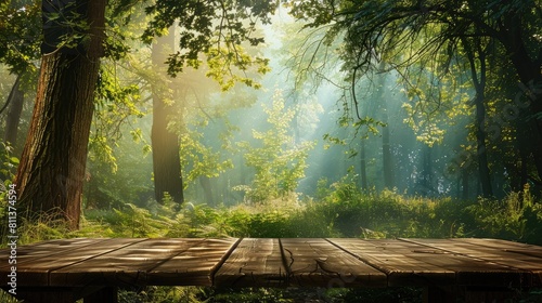 Imagine a picturesque scene with a sturdy wooden table set against the backdrop of a lush forest of towering trees photo