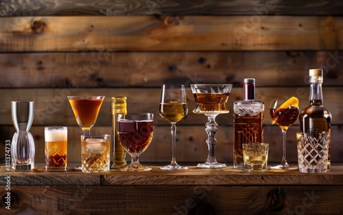 An assortment of fine spirits and elegant glassware on a rustic wooden backdrop.