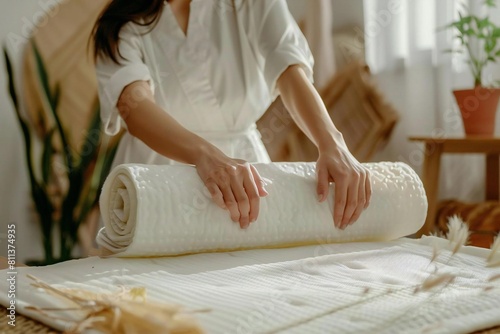 Therapist Preparing Acupressure Mat for Healing Massage Therapy Session photo