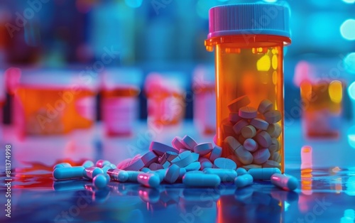 Assorted medications and pill bottles on a blue surface.