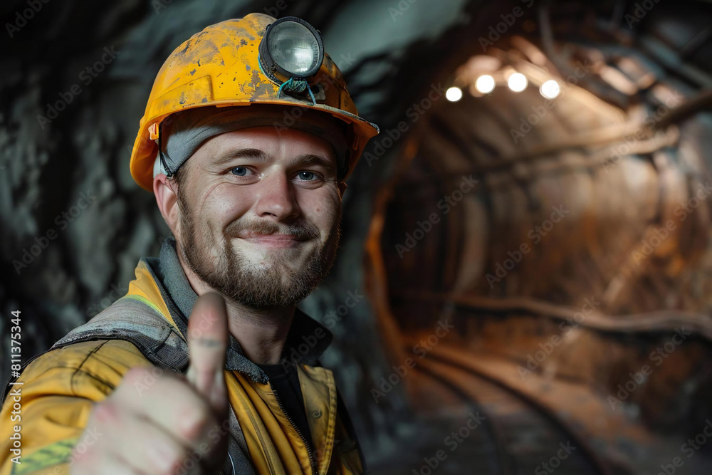 Confident Miner Approving Work in Underground Shaft with Thumbs Up