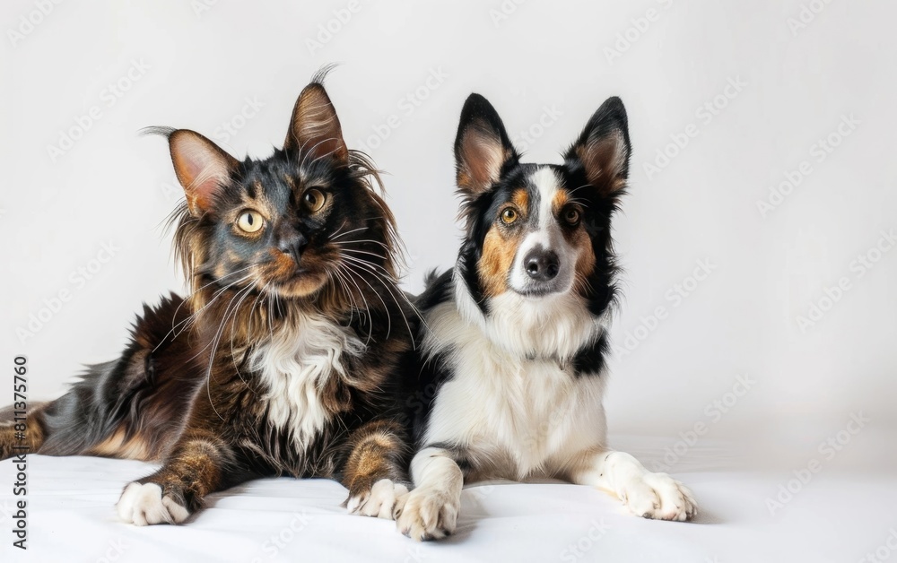 Bengal cat and Border Collie pose together against a white background.