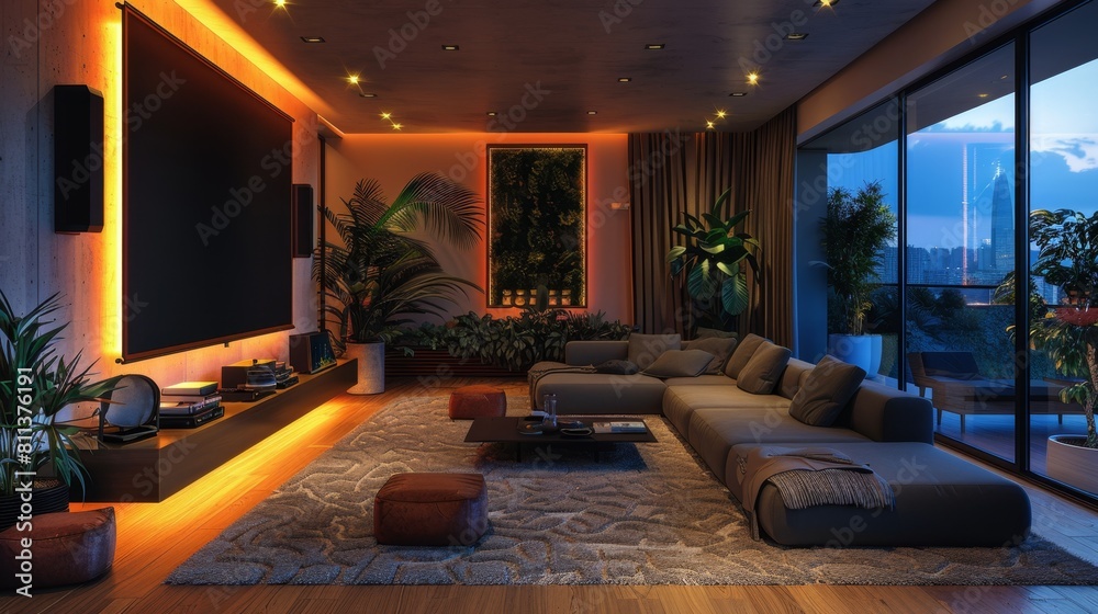 living room without furniture, dim lights, and projector screen, suggesting a home theatre setup in progress living room without furniture, dim lights, and projector screen, suggesting a home theatre setup in progress