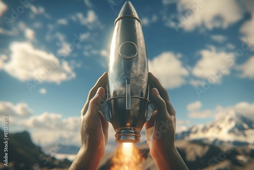 Rocket in the hands of a girl on the background of the mountains, Ai Generated photo