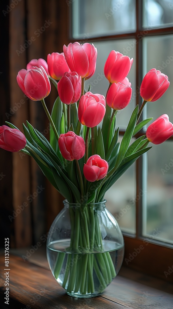 tulip bouquet in glass vase beside window, vertical 9:16 ratio background, beautiful nature , Generative Ai tulip bouquet in glass vase beside window, vertical 9:16 ratio background, beautiful nature , Generative Ai