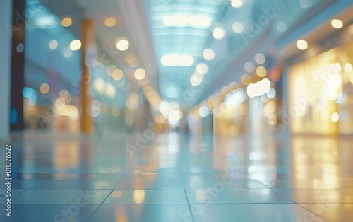 Blurred view of a modern shopping mall interior.