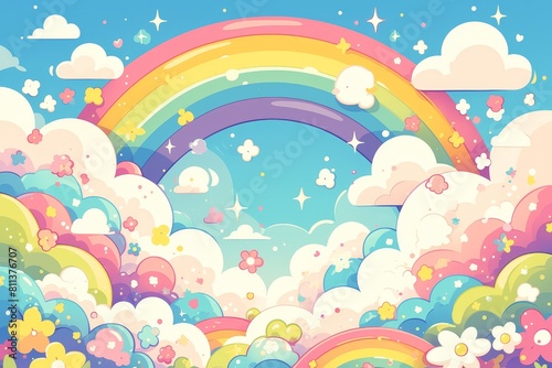 Cute cartoon rainbow background with clouds illustration