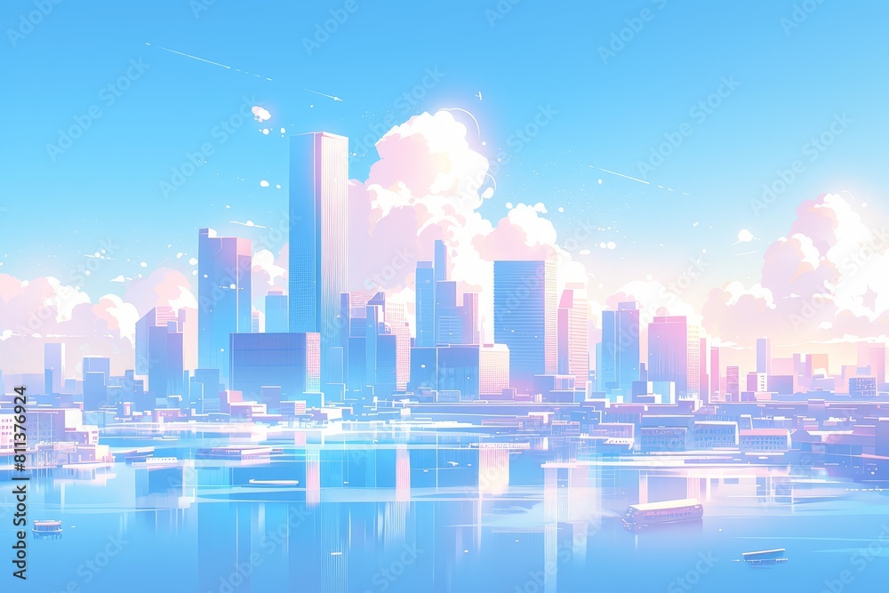 Cute cartoon vector style landscape view of the city with clouds, buildings and skyscrapers with sky blue background