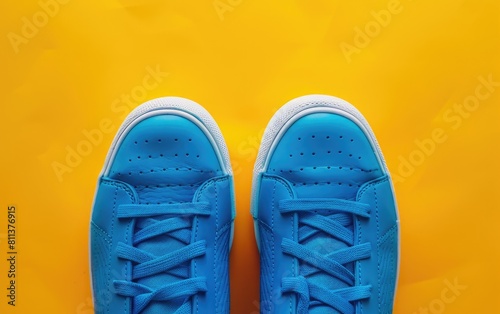 Bright blue sneakers on a vivid yellow background. © OLGA