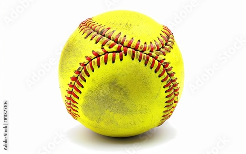 Bright yellow softball with red stitching isolated on white.