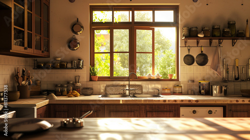 Wide Shot of an Empty Cosy Kitchen Decorated with Indian Style. Stylish Traditional South Asian Home with Utensils and Wide Window Letting the Spring Warmth and Light in. Vintage Warm Aesthetic