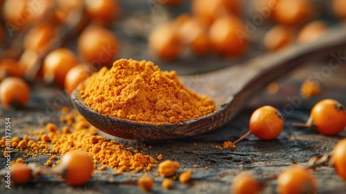 Sea buckthorn powder served on a spoon as a beneficial dietary addition photo