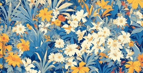 Hand drawn illustration of an orange  blue and white tropical floral pattern on a navy background. 