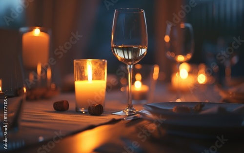 Candlelit dinner table with a warmly glowing wine glass.