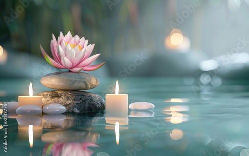 Candles  spa stones  and a lotus flower in a serene spa setting.