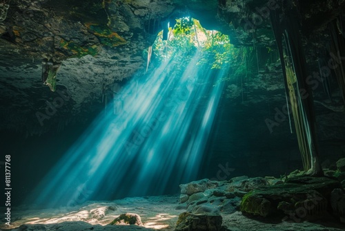 Sun rays in a cenote. Mexico  Mexican cave. Summer adventure and nature concept. Beautiful landscape. Natural underground pool