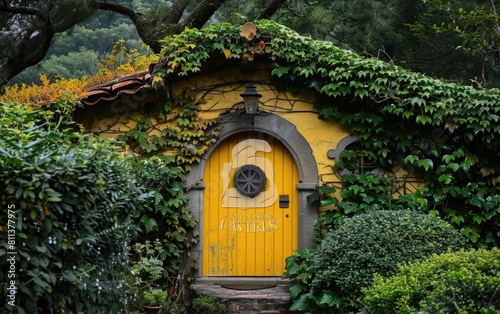 Charming round yellow door set in a lush  green ivy-covered hillside cottage.