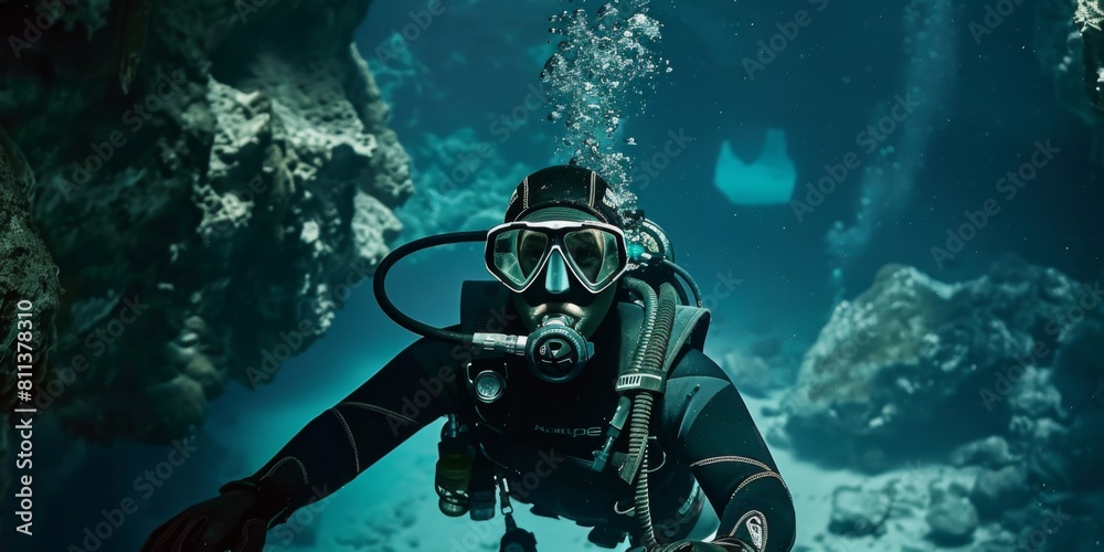 Close-up of scuba diver exploring an underwater cave. Mexico, Mexican cenote. Summer adventure and exploration concept. Beautiful landscape Close-up of scuba diver exploring an underwater cave. Mexico, Mexican cenote. Summer adventure and exploration concept. Beautiful landscape