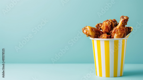 bucket of crispy fried chicken wings in a striped container on a light blue background, with copy space for text photo