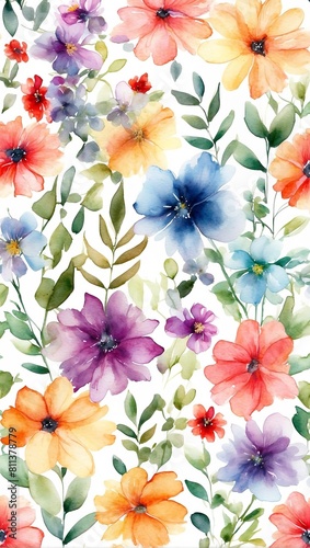 Seamless Endless Hand Drawn Watercolor Abstract Floral and Small Flowers Leaves Pattern Isolated Background 