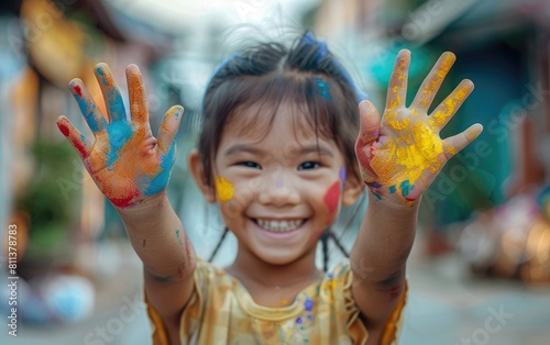 Children showing colorful painted hands  joyful and playful.