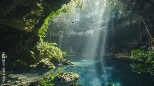 Cenote with clear blue water. Mexico  Mexican cave. Summer adventure and nature concept. Beautiful landscape. Natural underground pool