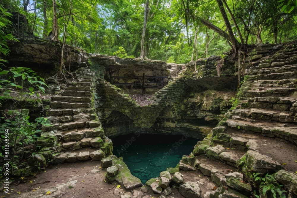 Ancient stone steps leading to a natural cenote. Mexico, Mexican cave. Summer adventure and nature concept. Beautiful landscape