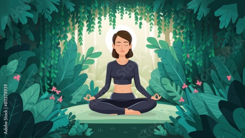 Cardboard female character doing yoga and meditation in nature. lotus position study