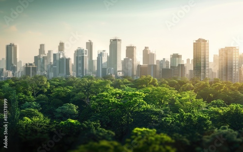 City skyline looming over lush green treetops under a clear sky.