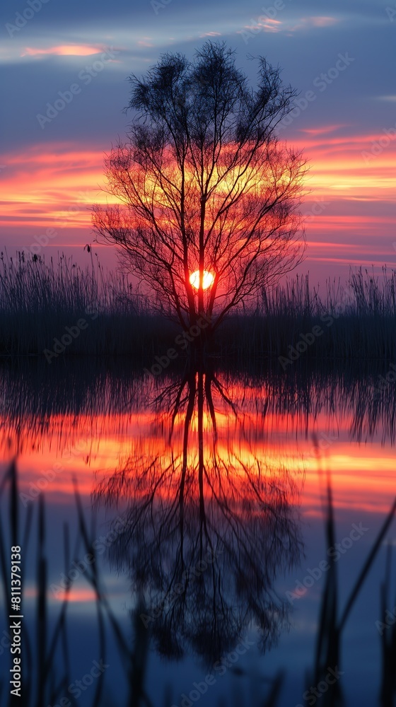 Naklejka premium twilight sunset with leafless tree reflection on water surface ,vertical 9:16 ratio background, beautiful nature , Generative Ai