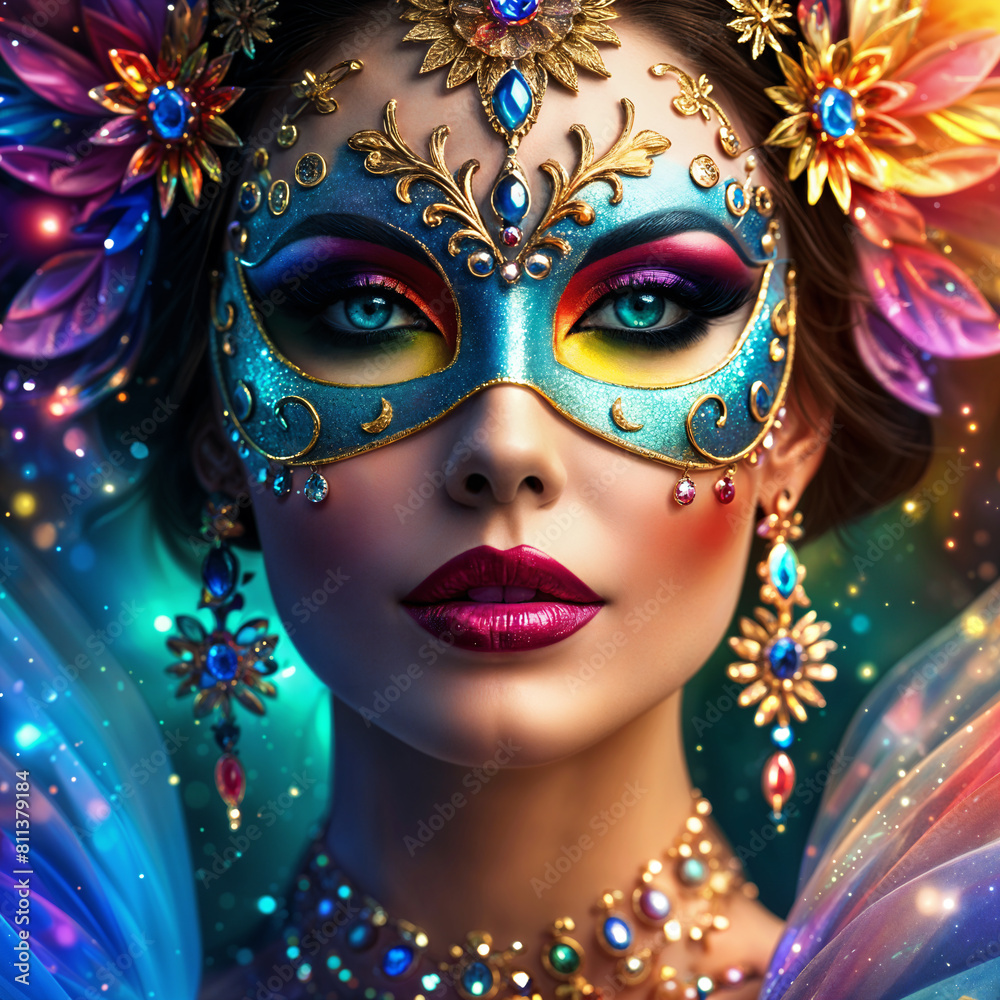 A woman wearing a vibrant, colorful mask with intricate designs and adorned with jewels, set against a backdrop of sparkling stars.