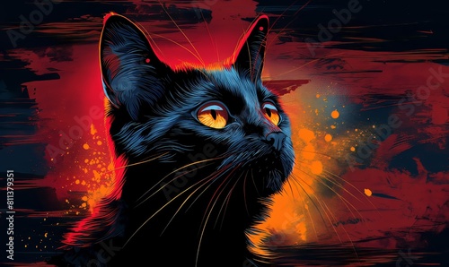 Illustration of a black cat on a colored background.